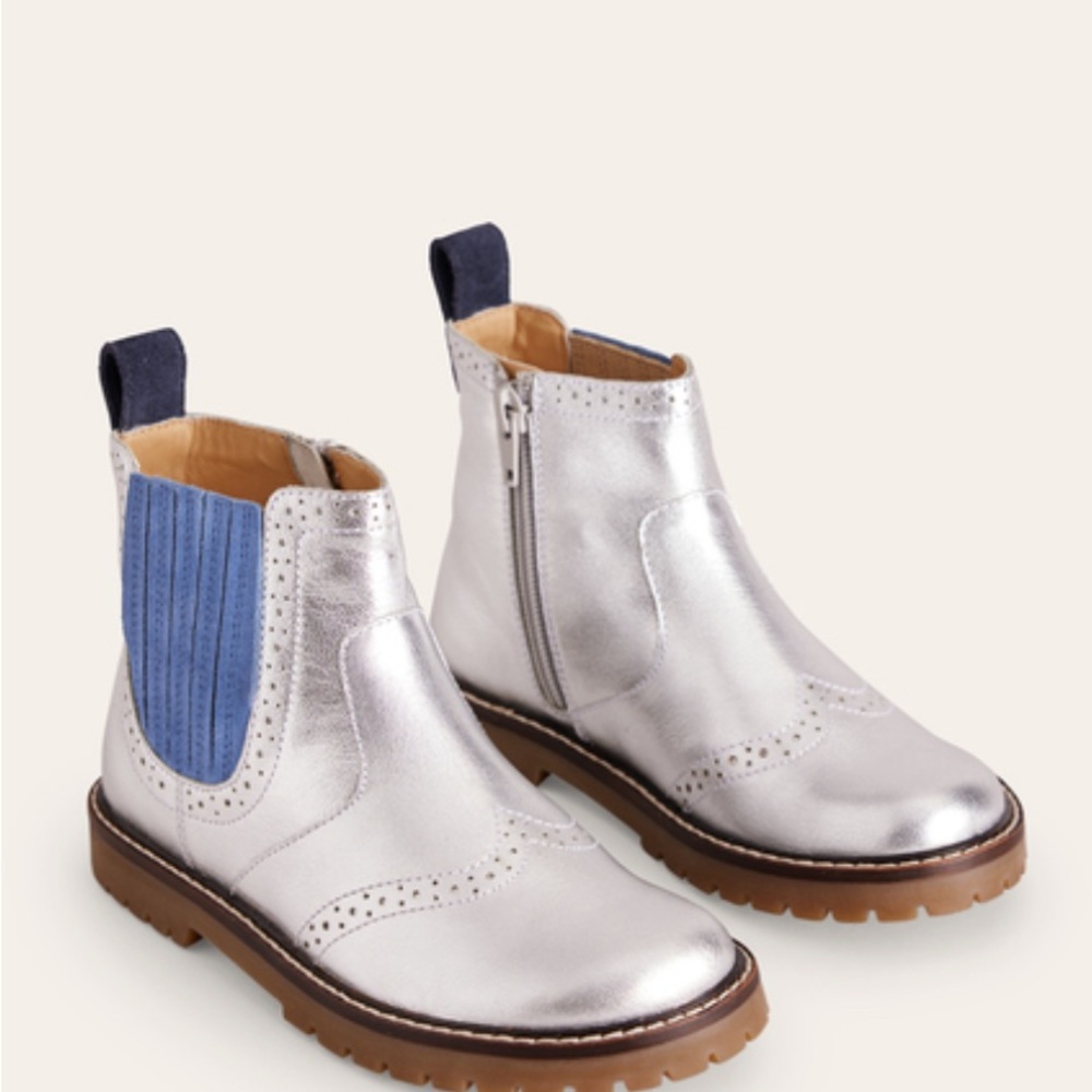 Mini Boden Silver Leather Chelsea Boots with Blue Elastic Panels